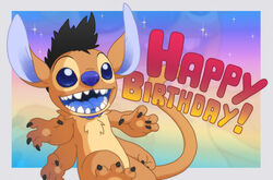  2021 2_tongues 3_toes 4_arms alien asrael birthday black_claws black_hair blue_eyes blue_inner_ear blue_mouth blue_nose blue_tongue border claws collar collar_only digital_drawing_(artwork) digital_media_(artwork) disney english_text experiment_(lilo_and_stitch) fan_character feet fur hair happy_birthday lilo_and_stitch male multi_arm multi_limb multi_tongue nude open_mouth open_smile outside_border rainbow_background ribera semi-anthro simple_background smile solo sparkles tan_body tan_fur teeth text toe_claws toes tongue white_border 