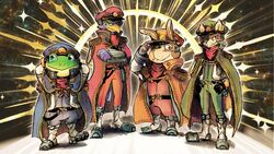  16:9 amphibian anthro avian belt bird boots bottomwear canid canine cape clothing falco_lombardi footwear fox fox_mccloud frog gloves group hands_behind_head hands_on_hips handwear hat headgear headwear katamichi lagomorph leporid male mammal nintendo one_eye_closed pants peppy_hare rabbit regalia scouter slippy_toad smile space star star_fox toad_(frog) widescreen wink 