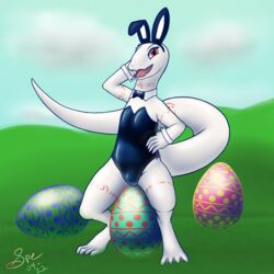  1:1 2022 4_toes 5_fingers absurd_res albino anthro arm_markings big_tail black_clothing blue_sky bow_(feature) bow_in_front bow_tie bunny_costume clothing cloud costume crotch_lines crusch_lulu cute_fangs dated day digital_media_(artwork) digitigrade easter easter_egg egg eyelashes fake_ears fake_rabbit_ears feet female fingers front_view glistening glistening_clothing grass hand_on_hip hi_res holidays krita_(artwork) latex latex_clothing leg_markings lingerie lizard lizardman lizardman_(overlord) long_tail looking_at_viewer markings membrane_(anatomy) neck_markings open_mouth open_smile outline outside overlord_(series) pink_markings pink_tongue plant pubic_mound pupils raised_arm red_eyes reptile scales scalie shirt_collar shirt_cuffs signature sitting sky slit_pupils smile smiling_at_viewer snout solo spe straddling strapless_clothing tail tail_markings teddy_(clothing) thick_tail thick_thighs thigh_markings toes tongue tribal tribal_markings webbed_feet white_body white_scales 