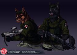  anthro artist_logo canid canine canis capcom domestic_dog dp12 duo gun hi_res japanese kai_ken logo mammal predaguy ranged_weapon resident_evil shotgun spas-12 spitz umbrella_corporation umbrella_soldier_(resident_evil) weapon 