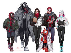  2girls 4boys adapted_costume backpack bag black_hair bodysuit bodysuit_under_clothes candy cindy_moon commentary cropped_hoodie cup disposable_cup eating english_commentary food full_body gwen_stacy hands_in_pocket headphones headphones_around_neck highres hood hooded_bodysuit hoodie in-hyuk_lee jacket lollipop long_tongue marvel mask miles_morales monster_boy mouth_mask multiple_boys multiple_girls muscular muscular_male paper_bag peter_parker pizza pizza_box pizza_slice scarf sharp_teeth shoes silk_(marvel) simple_background sneakers snout spider-gwen spider-ham spider-man spider-man_(miles_morales) spider-man_(series) symbiote teeth thigh_gap toned toned_male tongue venom_(marvel) walking white_background 