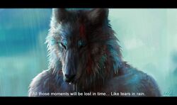  2020 anthro black_bars blade_runner canid canine canis digital_media_(artwork) english_text headshot_portrait male mammal movie_reference portrait raining roy_batty solo text wolf wolnir 