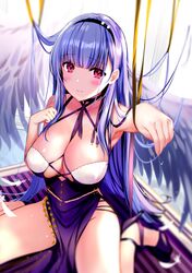  arm_up armpits azur_lane between_breasts blue_hair blurry blush breasts choker cleavage closed_mouth commentary_request depth_of_field dido_(anxious_bisque_doll)_(azur_lane) dido_(azur_lane) dress feathers female hairband high_heels highres large_breasts long_hair looking_at_viewer no_panties official_alternate_costume pelvic_curtain pink_eyes rei_(rei&#039;s_room) ribbon_choker shoes sidelocks single_shoe sitting solo very_long_hair wariza wings 