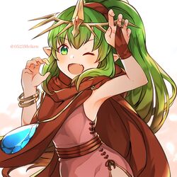  ;d bracelet dress female fire_emblem fire_emblem:_mystery_of_the_emblem green_eyes green_hair highres jewelry long_hair one_eye_closed open_mouth pink_dress po_pooch pointy_ears ponytail simple_background smile solo tiara tiki_(fire_emblem) tiki_(young)_(fire_emblem) twitter_username upper_body white_background 