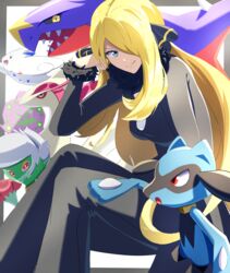  absurdres black_coat black_pants blonde_hair breasts closed_mouth coat cynthia_(pokemon) eiryu33 female from_side fur_collar fur_trim garchomp grey_eyes hair_ornament head_rest highres long_hair long_sleeves looking_at_viewer looking_to_the_side milotic pants pokemon pokemon_(creature) pokemon_dppt riolu roserade sitting smile spiritomb togekiss very_long_hair 