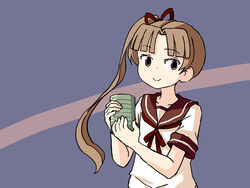  ayanami_(kancolle) brown_eyes brown_hair brown_sailor_collar commentary cup english_commentary female kantai_collection long_hair looking_at_viewer one-hour_drawing_challenge purple_background sailor_collar school_uniform serafuku side_ponytail sixten smile solo two-tone_background upper_body yunomi 