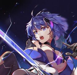  :o bare_shoulders black_gloves blood blood_on_face chinese_commentary commentary_request electricity female gloves hair_ornament holding holding_sword holding_weapon honkai_(series) honkai_impact_3rd jacket long_hair long_sleeves open_mouth purple_eyes purple_hair raiden_mei raiden_mei_(striker_fulminata) shirt solo sword teeth weapon white_jacket white_shirt zomzomzomsauce 