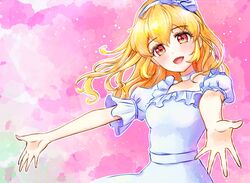  :d absurdres aikatsu! aikatsu!_(series) aqua_background bad_id bad_twitter_id blonde_hair blue_bow blue_choker blue_dress blue_hairband blush bow choker commentary dress female floating_hair foreshortening frilled_dress frilled_sleeves frills hair_between_eyes hairband hairbow head_tilt highres hoshimiya_ichigo hoshina_hoshimi lips long_hair looking_at_viewer multicolored_background open_mouth outstretched_arms pink_background pink_lips puffy_short_sleeves puffy_sleeves red_eyes short_sleeves smile solo spread_arms upper_body 