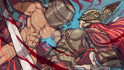  1boy armor battle blood cape dasgnomo dual_wielding elden_ring female helmet highres holding holding_sword holding_weapon katana let_me_solo_her long_hair male_focus malenia_blade_of_miquella mechanical_arms muscular muscular_male pot_on_head prosthesis prosthetic_arm red_cape red_hair simple_background single_mechanical_arm sword topless_male very_long_hair weapon 