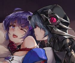  2girls bare_shoulders black_cape black_gloves bondage bondage bound cape crying femdom gloves grabbing_another&#039;s_chin grey_hair hand_on_another&#039;s_chin honkai_(series) honkai_impact_3rd jacket medium_hair multiple_girls one_eye_closed open_mouth pillow purple_eyes purple_hair raiden_mei raiden_mei_(striker_fulminata) raven_(honkai_impact) saliva shirt tears teeth tongue white_jacket white_shirt yuri zomzomzomsauce 