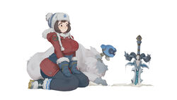  1boy all_fours blizzard_entertainment boots coat commentary_request company_connection female frostmourne fur_trim gaoerji gloves gorilla highres hood ice mei_(overwatch) official_alternate_costume overwatch overwatch_1 photoshop_(medium) planted planted_sword robot seiza simple_background sitting snow_boots snowball_(overwatch) sword warcraft weapon white_background winston_(overwatch) winter_clothes winter_coat world_of_warcraft yeti_winston 