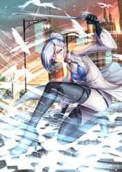  adsouto arm_up artist_name bangs banner bird black_gloves blue_eyes blue_sky boots breasts brooch building buttons closed_mouth cloud commentary dual_wielding english_commentary full_body glint gloves glyph gradient_sky grey_footwear grey_hair hair_bun high_heel_boots high_heels highres holding holding_sword holding_weapon ice jewelry lamppost looking_at_viewer magic medium_breasts one_knee orange_sky outdoors rapier rwby serious shoulder_cutout silver_trim sky swept_bangs sword thigh_boots thighhighs tree weapon white_coat wind winter_schnee 