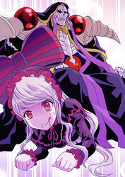  1boy ainz_ooal_gown black_capelet bonnet bow capelet closed_mouth commentary_request drooling eyelashes female female_pervert human_furniture long_hair long_sleeves masochism overlord_(maruyama) pervert red_eyes red_ribbon ribbon rurukichi shalltear_bloodfallen sitting sitting_on_person skeleton smile striped striped_bow sweat tongue tongue_out white_hair 