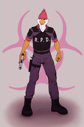  2016 absurd_res alnix anthro avian avian_(starbound) beak biohazard_background biohazard_symbol brown_eyes bulletproof_vest capcom clothing cosplay feathers feet gun handgun hazard_symbol hi_res holding_gun holding_handgun holding_object holding_ranged_weapon holding_weapon maladash male open_mouth pinup pistol police pose print_bulletproof_vest ranged_weapon red_body red_feathers resident_evil simple_background solo starbound symbol talons text text_on_bulletproof_vest text_print toes uniform weapon white_body white_feathers 