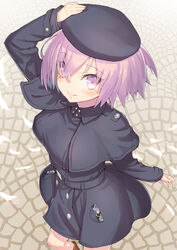  arm_up beret black_capelet black_dress black_hat blush boots brown_footwear capelet closed_mouth commentary_request day dress eyes_visible_through_hair fate/grand_order fate_(series) female fingernails from_above hair_over_one_eye hand_on_headwear hat highres jonsun long_sleeves looking_at_viewer looking_up mash_kyrielight mash_kyrielight_(traveling_outfit) official_alternate_costume outdoors pink_eyes pink_hair smile solo 