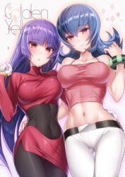  2girls ass_visible_through_thighs asymmetrical_docking bare_arms bare_shoulders belt black_legwear blue_hair blunt_bangs blush bracelet breast_press breasts camisole cleavage closed_mouth collarbone comiket_91 commentary_request covered_navel cowboy_shot crop_top crotch_seam dual_persona flipped_hair gloves hair_between_eyes halftone halftone_background hand_on_another&#039;s_hip head_tilt highres hizuki_akira jewelry legs_together long_hair long_sleeves looking_at_viewer medium_breasts midriff multiple_girls navel no_panties pantyhose parted_lips pencil_skirt pink_skirt pokemon pokemon_frlg pokemon_hgss purple_hair red_eyes sabrina_(pokemon) shiny_skin shirt side_slit skin_tight skirt sleeveless smile spaghetti_strap standing stomach taut_clothes taut_shirt thigh_gap tsurime very_long_hair white_background white_gloves 