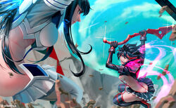  2girls black_hair blue_eyes blue_sky boots breasts debris eyebrows fighting fighting_stance gloves high_heels highlights holding holding_weapon kill_la_kill kiryuuin_satsuki long_hair looking_at_another matoi_ryuuko microskirt midriff multicolored_hair multiple_girls navel open_mouth outdoors pleated_skirt revealing_clothes rock scissor_blade short_hair sideboob skirt sky stomach streaked_hair suspenders sword thigh_boots thighhighs thighs two-tone_hair weapon white_legwear whoareuu 