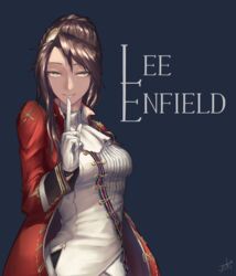  ascot blue_background blush braid breasts brown_hair character_name coat commentary eyewear_on_head female finger_to_mouth french_braid girls&#039;_frontline gloves green_eyes hair_ornament half-closed_eyes highres jacket joki_yoh large_breasts lee-enfield_(girls&#039;_frontline) long_hair long_sleeves looking_at_viewer military monocle open_clothes open_coat pants parted_lips red_coat shirt shushing sidelocks signature simple_background smile solo uniform white_gloves white_pants 