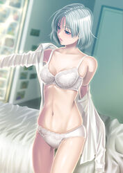  ass_visible_through_thighs blue_eyes blurry blurry_background bra breasts commentary_request depth_of_field dress_shirt dressing female front_mission front_mission_5 grey_hair highres lace lace-trimmed_bra lace-trimmed_panties lace_trim looking_to_the_side lynn_wenright medium_breasts navel off_shoulder panties shirt short_hair solo thigh_gap underwear underwear_only wanana white_bra white_panties white_shirt 