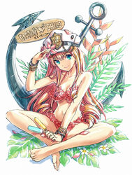  absurdres barefoot bikini blonde_hair blue_eyes bracelet breasts cleavage collarbone commentary_request copyright_name destiny_child drill_hair elysion_(destiny_child) female food hair_between_eyes hat highres holding indian_style jewelry long_hair looking_at_viewer mamoru_mikokoro md5_mismatch mechanical_pencil medium_breasts navel pencil photoshop_(medium) pink_bikini popsicle resolution_mismatch simple_background sitting smile solo source_smaller strapless strapless_bikini swimsuit very_long_hair white_background white_hat 