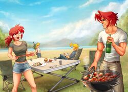  2girls :d bandana belt black_pants black_shirt blue_pants blue_shorts blue_sky book brown_hair camping chair cigarette_box closed_eyes cloud cloudy_sky commentary cup day denim denim_shorts fio_germi folding_chair food glass green_bandana grill hamburger holding holding_book hot_dog jeans kasamoto_eri looking_at_another marco_rossi medium_hair metal_slug midriff mountain multiple_boys multiple_girls open_mouth outdoors pants plate ponytail sasisage shirt shishkebab short_hair shorts sitting sky smile smoke standing steak sunglasses t-shirt table tank_top tarma_roving tongs white_shirt 