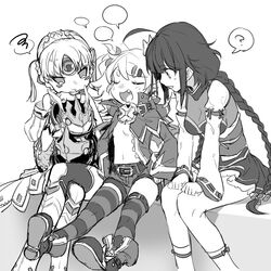  3girls ? annoyed ara_haan chiliarch_(elsword) code:_empress_(elsword) commentary_request crown drone elsword eve_(elsword) facial_mark forehead_jewel greyscale hair_ornament highres hiraijin little_specter_(elsword) luciela_r._sourcream moby_(elsword) monochrome multiple_girls oerba_yun_fang remy_(elsword) smile talking 