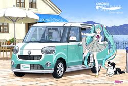  alternate_costume aqua_eyes aqua_hair awning blue_sky business canine commentary_request daihatsu daihatsu_move_canbus day dress female fence green_eyes green_hair hair_ribbon hatsune_miku inlet kamogawa_(kamogawa_sodachi) leash long_hair long_sleeves motor_vehicle mountain official_art open_mouth outdoors patio patio_umbrella plaid plaid_dress restaurant ribbon shirt shoes sky standing table twintails van very_long_hair vocaloid white_legwear white_shirt 