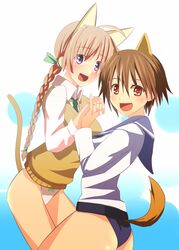  2girls animal_ears blue_eyes blush braids brown_hair handholding long_hair lynette_bishop miyafuji_yoshika multiple_girls red_eyes serafuku smile strike_witches sweater swimsuit_under_clothes tail thighs tie unier yuri 