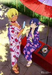  2girls absurdres ahoge black_footwear blonde_hair blue_hair blue_kimono blue_sash blush braid breasts brown_footwear brown_sash choker cleavage collarbone copyright_name dark-skinned_female dark_skin day eating finger_to_mouth fingernails floral_print food hair_between_eyes hair_over_shoulder highres holding holding_food japanese_clothes kimono looking_at_viewer magazine_scan medium_breasts megami_magazine mito_ikumi multiple_girls nail_polish no_legwear obi official_art oil-paper_umbrella outdoors parted_lips pink_kimono pink_nails plate popsicle print_kimono red_choker sandals sash scan shokugeki_no_souma short_hair sitting smile spoon standing tadokoro_megumi toenail_polish toenails toes tongue tray tree_shade twin_braids umbrella yaegashi_youhei yukata zouri 