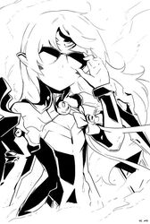  adjusting_eyewear bad_source code:_nemesis_(elsword) elsword eve_(elsword) facial_mark female forehead_jewel glasses greyscale hand_on_eyewear long_hair monochrome solo 