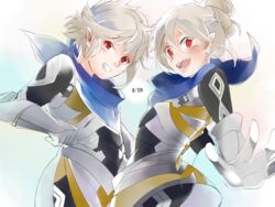  1boy alpha_00000 bandana blush commentary_request dated female fire_emblem fire_emblem_fates gloves grey_hair hair_bun kana_(female)_(fire_emblem) kana_(fire_emblem) kana_(male)_(fire_emblem) open_mouth pointy_ears red_eyes single_hair_bun teeth 