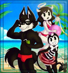  2017 alice_angel amanddica angel angel_humanoid anthro beach bendy_and_the_ink_machine bendy_the_dancing_demon black_body black_fur boris_the_friendly_wolf bow_(feature) bow_tie breasts canid canine canis clothed clothing demon demon_humanoid detailed_background female fleischer_style_toon fur gloves group halo handwear hi_res horn humanoid hybrid male mammal outside sand seaside sky summer swimwear toony wolf 