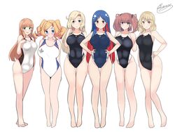  6+girls absurdres atlanta_(kancolle) blonde_hair blue_eyes blue_hair blush breasts commentary competition_swimsuit full_body green_eyes hands_on_own_hips helena_(kancolle) highres honolulu_(kancolle) hornet_(kancolle) houston_(kancolle) kantai_collection large_breasts long_hair multicolored_clothes multicolored_hair multicolored_swimsuit multiple_girls noruren one-piece_swimsuit red_hair signature south_dakota_(kancolle) swimsuit twintails twitter_username white_background yellow_eyes 