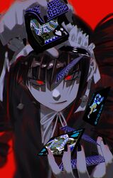  black_hair black_jacket black_nails card celestia_ludenberg center_frills danganronpa:_trigger_happy_havoc danganronpa_(series) drill_hair female frills gothic_lolita highres inverted_colors jacket joh_pierrot joker_(playing_card) king_(playing_card) king_of_spades lolita_fashion long_hair nail_polish neck_ribbon necktie playing_card queen_(playing_card) queen_of_hearts_(playing_card) red_background red_eyes red_necktie ribbon shirt simple_background solo twin_drills twintails white_ribbon white_shirt 