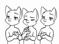  2023 4_fingers animated anthro black-kitten black_and_white bored clapping domestic_cat eyebrows felid feline felis fingers group half-closed_eyes humanoid_hands male mammal monochrome narrowed_eyes nodding short_playtime trio 