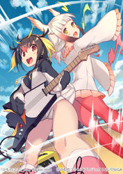  2girls :d bad_id bad_twitter_id bird_tail bird_wings black_hair black_hoodie blonde_hair commentary_request drawstring electric_guitar frilled_sleeves frills from_below fur_collar gin_(oyoyo) guitar hair_between_eyes head_wings hood hood_down hoodie instrument japanese_crested_ibis_(kemono_friends) kemono_friends long_sleeves looking_at_viewer multicolored_hair multiple_girls music official_art open_mouth pantyhose pink_skirt playing_instrument pleated_skirt red_eyes red_fur red_hair red_legwear rockhopper_penguin_(kemono_friends) shirt short_hair short_twintails sidelocks singing skirt smile tail twintails white_hair white_hoodie white_shirt wings yellow_eyes 