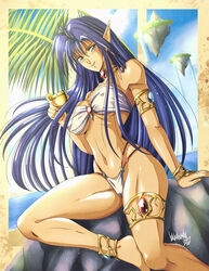  1990s_(style) absurdres anklet arcus_odyssey armband bandeau bikini blue_eyes breasts commentary danmakuman diana_fireya dutch_angle earrings female floating_island highres horizon jewelry large_breasts legband long_hair navel palm_tree pointy_ears purple_hair retro_artstyle rock sitting solo strapless strapless_bikini swimsuit tree very_long_hair white_bandeau white_bikini 