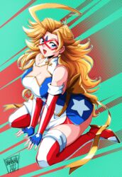  2022 absurdres ahoge american_flag american_flag_print blonde_hair boots breasts cleavage cleavage_cutout clothing_cutout commentary danmakuman dress earrings elbow_gloves english_commentary female fingerless_gloves flag_print full_body gloves highres huge_ahoge jewelry kamen_america kamen_america_(comic) large_breasts long_hair open_mouth sash short_dress signature sitting smile solo star_(symbol) star_cutout star_earrings striped_clothes striped_footwear striped_gloves superhero_costume thigh_boots vertical-striped_clothes vertical-striped_footwear vertical-striped_gloves wariza yellow_sash 