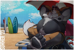  anthro beach beach_chair beach_umbrella canid canine canis clothing cobaltgrande cooler domestic_dog eyewear fit_to_fat hands_behind_back hi_res male mammal mountain_dog overweight overweight_anthro overweight_male parasol seaside solo sunglasses surfboard swimming_trunks swimwear thesammon_(fox) weight_gain weight_gain_kink 