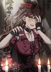  :d arm_cuffs arms_up bad_id bad_twitter_id bang_dream! belt black_choker black_gloves black_hat black_nails brown_hair candle chain_belt chains choker commentary corset covering_one_eye crazy crazy_eyes dress earrings eyelashes female fingerless_gloves flower gloves hand_over_eye hat hat_chain highres imai_lisa indoors ivy jewelry lace-trimmed_dress lace-trimmed_headwear lace_trim lens_flare long_hair looking_at_viewer mia_(fai1510) nail_polish open_mouth pocket red_dress red_flower red_rose rose sleeveless sleeveless_dress smile solo teeth tombstone top_hat upper_body upper_teeth_only yellow_eyes 