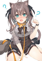  1other ? @_@ ahoge animal_collar animal_ears aqua_eyes bare_shoulders belt_collar black_bow black_choker black_footwear black_ribbon blush bow bowtie breasts brown_bow brown_bowtie brown_hair brown_skirt cat_ears cat_girl cat_tail choker clothing_cutout collar collared_shirt commentary earrings erubusubori female flower_earrings grey_shirt hair_ribbon high-waist_skirt highres hololive jewelry kemonomimi_mode lace lace_sleeves leash medium_hair natsuiro_matsuri natsuiro_matsuri_(casual) oerba_yun_fang official_alternate_costume open_mouth paw_pose pet_play plaid plaid_shirt pov pov_hands puffy_short_sleeves puffy_sleeves ribbon see-through see-through_sleeves shirt short_sleeves shoulder_cutout simple_background sitting skin_fang skirt small_breasts solo_focus tail tearing_up twintails viewer_holding_leash virtual_youtuber wariza wavy_hair white_background yellow_collar 