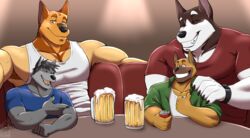  absurd_res alcohol anthro armpit_hair beer beer_mug beverage beverage_can black_hair black_nose blue_clothing blue_shirt blue_topwear body_hair brown_body brown_fur canid canine canis clock clothing domestic_dog elias_lehtinen finnish_spitz fur furniture german_shepherd gesture green_clothing green_jacket green_topwear grey_body grin group hair hand_gesture hand_on_shoulder herding_dog hi_res husky jacket jake_(jakewolf00) looking_down male mammal maroon_shirt multicolored_body multicolored_fur nelldemon nordic_sled_dog pastoral_dog ranger_(rangershepherd) shirt sitting size_difference sleeveless_shirt smartwatch smile spitz table tan_body tan_fur teeth thumbs_up topwear vladimir_huskyov watch white_body white_fur white_undershirt wolf 