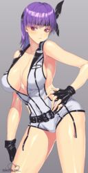  ayane_(doa) blush breasts closed_mouth dead_or_alive dead_or_alive_6 female fingerless_gloves gloves headband highres large_breasts murata_tefu purple_hair red_eyes short_hair simple_background solo 