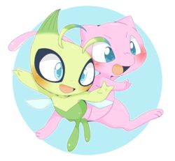  2019 3_eyes blue_eyes blush celebi digital_media_(artwork) doneru duo fur generation_1_pokemon generation_2_pokemon hair happy hi_res insect_wings legendary_pokemon looking_away mammal mew_(pokemon) multi_eye nintendo open_mouth open_smile pink_body pink_fur pink_hair pokemon pokemon_(species) smile tail thigh_gap thin_calves thin_legs thin_thighs tongue wings 