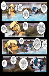  blue_ribbon closed_eyes concern dialogue dormin-kanna duo ears_down equid equine feral green_eyes hasbro heart_gold_(dormin-kanna) hi_res horse hot_spring hot_water japanese_architecture male mammal my_little_pony open_mouth outside partially_submerged pegasus pivoted_ears pony rock snow snowing soul_silver_(dormin-kanna) steam water wet wide_eyed wings yellow_eyes 