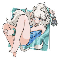  animal_ears appleq arm_behind_head arm_up bare_legs bare_shoulders barefoot between_legs blue_eyes blue_one-piece_swimsuit blush character_doll closed_mouth commentary_request female full_body grey_hair hand_between_legs highres holding kemono_friends lion_ears lion_girl lion_tail looking_at_viewer one-piece_swimsuit plaid plaid_swimsuit plains_zebra_(kemono_friends) solo swimsuit tail white_background white_lion_(kemono_friends) 