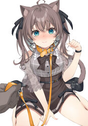  1other ahoge animal_collar animal_ears aqua_eyes bare_shoulders belt_collar between_legs black_bow black_choker black_footwear black_ribbon blush bow bowtie breasts brown_bow brown_bowtie brown_hair brown_skirt cat_ears cat_girl cat_tail choker closed_mouth clothing_cutout collar collared_shirt commentary earrings embarrassed erubusubori female flower_earrings grey_shirt hair_ribbon hand_between_legs high-waist_skirt highres hololive jewelry kemonomimi_mode lace lace_sleeves leash medium_hair natsuiro_matsuri natsuiro_matsuri_(casual) official_alternate_costume paw_pose pet_play plaid plaid_shirt pov pov_hands puffy_short_sleeves puffy_sleeves ribbon see-through see-through_sleeves shirt short_sleeves shoulder_cutout simple_background sitting skirt small_breasts solo_focus tail tearing_up twintails viewer_holding_leash virtual_youtuber wariza wavy_hair white_background yellow_collar 