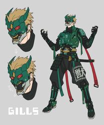  1boy adapted_costume alternate_costume armor ashihara_ryo baggy_pants bbbb_fex black_armor blonde_hair gold_teeth green_armor green_vest hannya highres japanese_armor jaw_drop kamen_rider kamen_rider_agito_(series) kamen_rider_gills katana male_focus mask open_mouth pants pose protected_link rider_belt samurai sheath sheathed short_hair sword urban_style vest weapon 