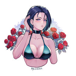  alternate_costume artist_name bare_shoulders bikini bikini_top_only black_hair blush bracelet breasts cleavage collarbone commentary female fire_emblem fire_emblem:_three_houses flower green_bikini hand_up jewelry lips medium_breasts meziosaur mole mole_under_eye parted_bangs parted_lips purple_eyes rose shamir_nevrand shiny_skin short_hair simple_background solo sparkle swimsuit thorns upper_body 