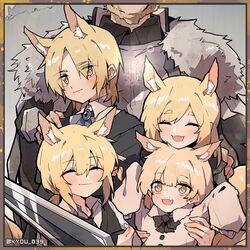  2boys 3girls :d ^_^ absurdres aged_down alternate_costume animal_ears arknights armor ascot aunt_and_niece beard black_bow black_bowtie black_shirt black_vest blemishine_(arknights) blonde_hair blush bow bowtie braid closed_eyes closed_mouth dress extra_ears facial_hair family family_portrait fur-trimmed_armor fur_trim grandfather_and_granddaughter grandfather_and_grandson grey_background hand_on_another&#039;s_shoulder hands_up happy head_out_of_frame highres holding holding_sword holding_weapon horse_boy horse_ears horse_girl kyou_039 long_sleeves looking_at_viewer low_ponytail mlynar_(arknights) multiple_boys multiple_girls nearl_(arknights) oerba_yun_fang open_mouth parted_bangs shirt short_hair siblings simple_background sisters skin_fang sleeves_past_fingers sleeves_past_wrists smile sword twitter_username uncle_and_niece vest weapon whislash_(arknights) white_dress yellow_eyes 